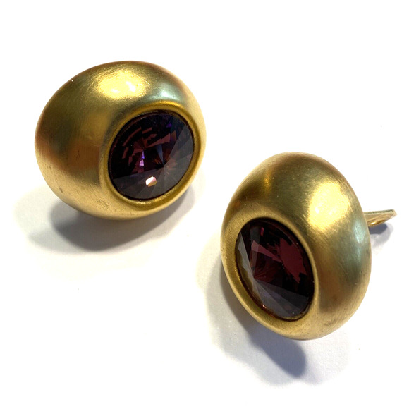 Chunky Y2K Clip On Earrings Brushed Goldtone & Huge Purple Rhinestones Mod Round - Picture 7 of 7